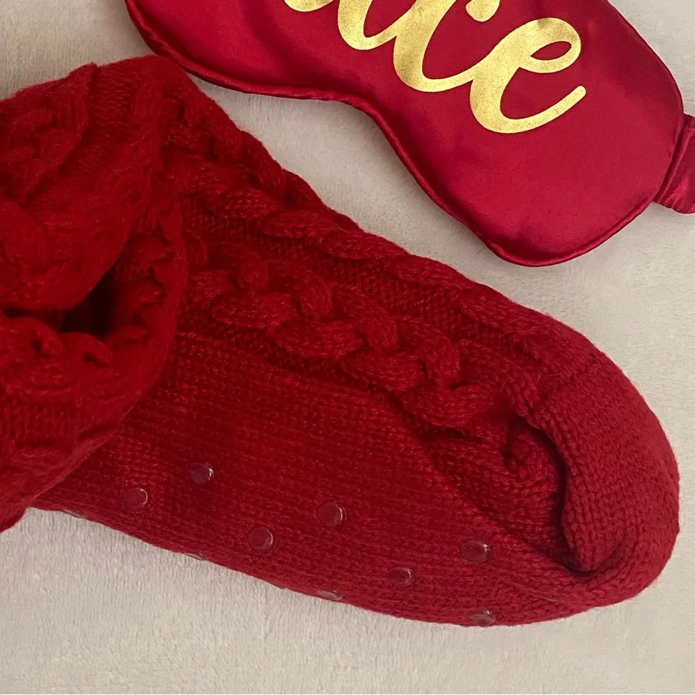 Red Knit Slipper Socks with Nice/Naughty Sleep Mask
